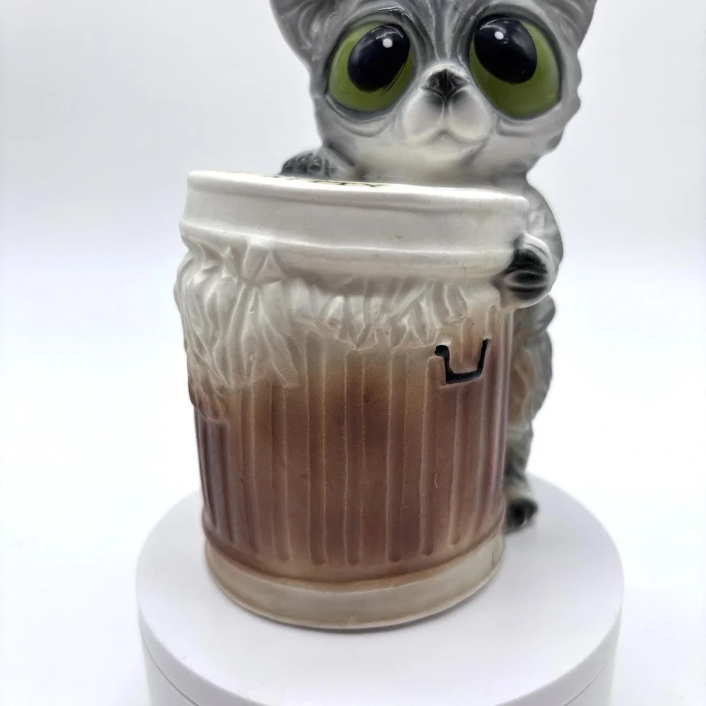 Vintage 1960's‎ Japan Enesco Ceramic Feed The Bank Big Eyed Cat Piggy Bank